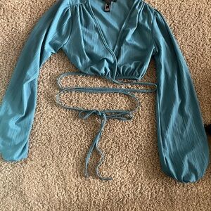 Elegant Teal Wrap Crop Top